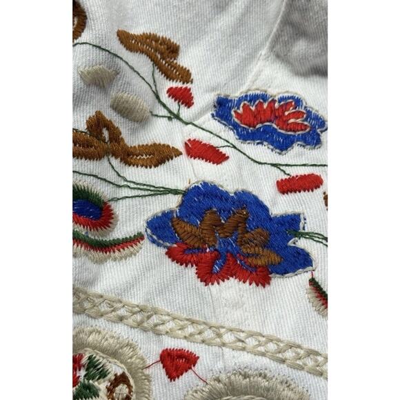 UMGEE Sz Large White Denim Mini Skirt Floral Embroidered Birds Boho Raw Hem Fall - Picture 10 of 13